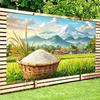 2D Countryside Rice Tapestry, Rural Farm Scene with Mount Fuji and Rice
