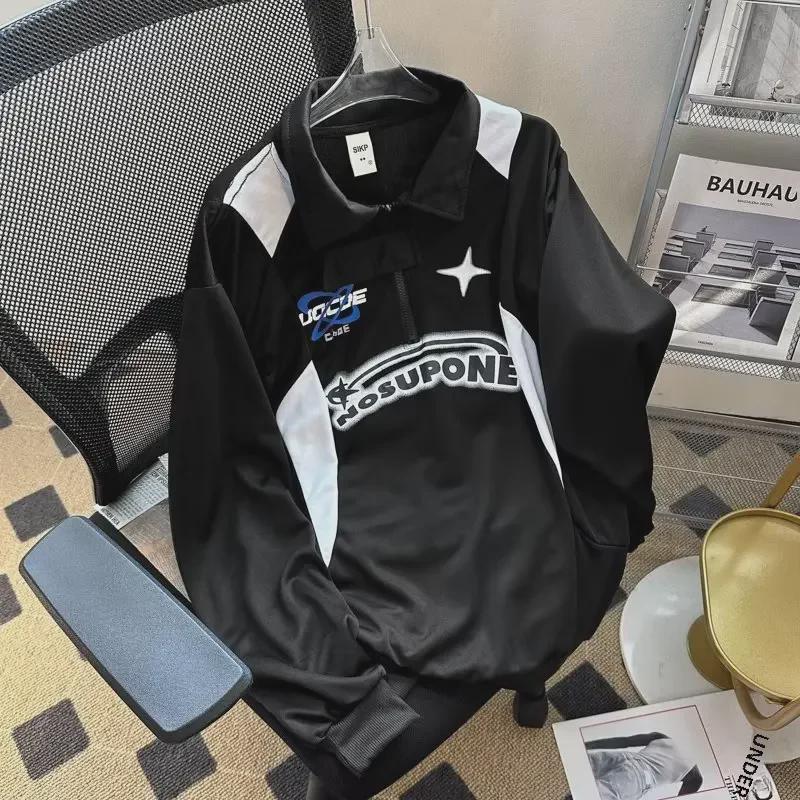 Men's Retro Color-Block Polo Collar Sweatshirt for Spring/Autumn 