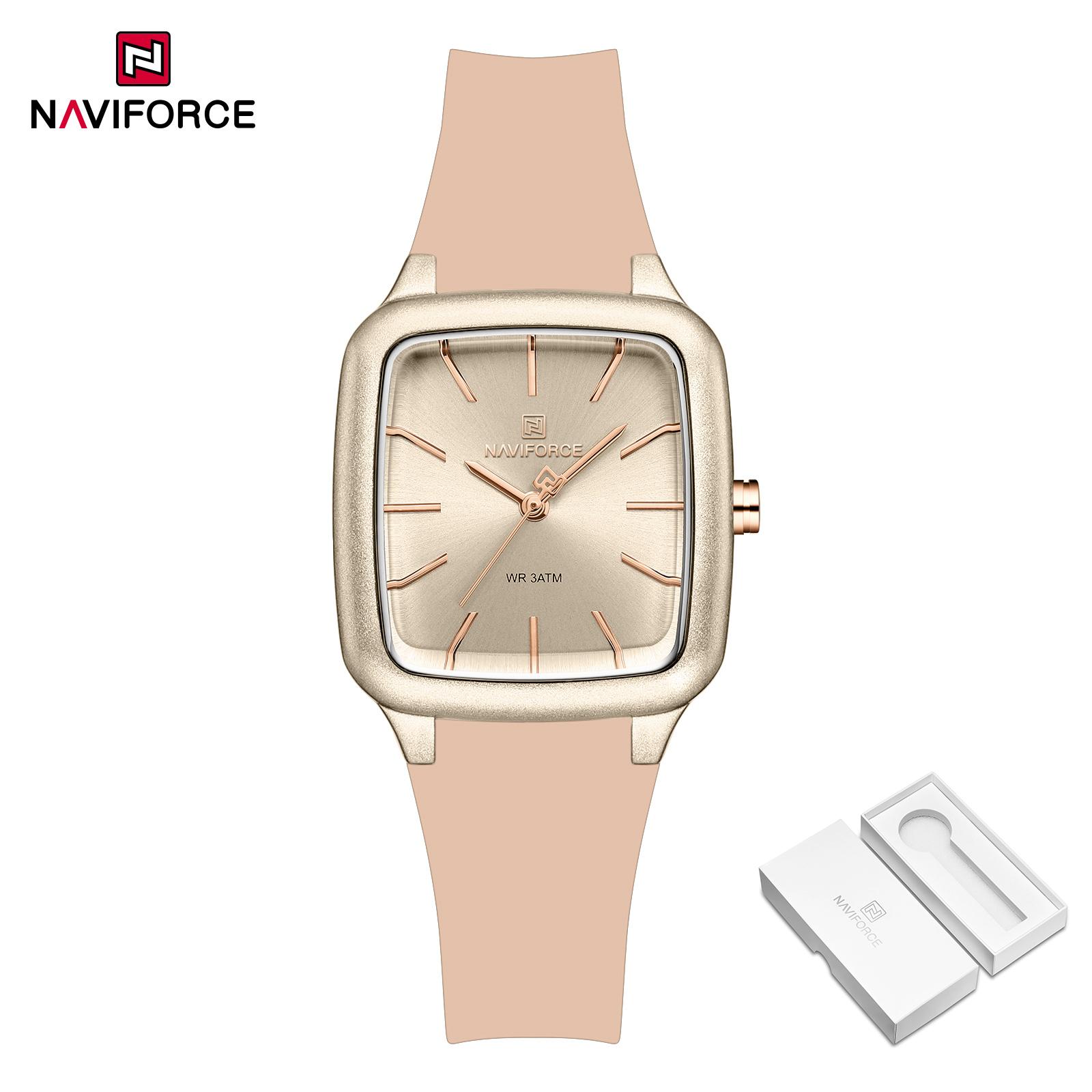 

Naviforce Женские кварцевые часы с квадратным минималистичным циферблатом и силиконовым ремешком, водонепроницаемые, 3ATM, повседневные модные женские часы для девочек NF5055 розового золота