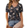 Damenmode Blumendruck Top Puff Kurzarm V-Ausschnitt T-Shirt Lose Casual T-Shirt