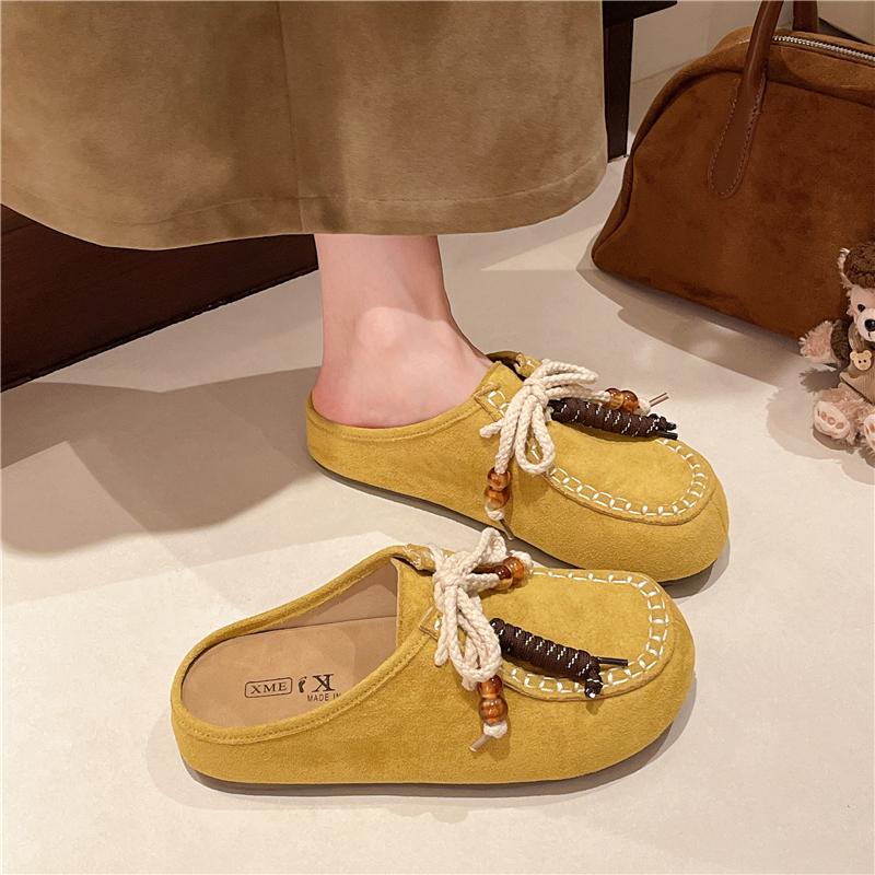 Fashion Autumn New Retro Baotou Flat Slippers Women's Round Toe Deep Mouth Platform Suede Front Lace-up Soft Slip Slides Women Slippers