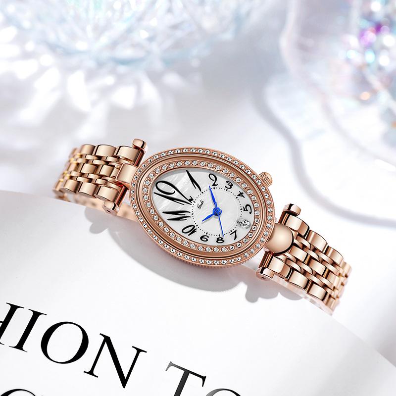 

Классические 2021 новые овальные часы со стальным ремешком, женские часы Fritillaria с бриллиантами и стразами, модные женские часы розового золота