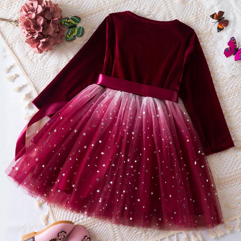 2024 New Girls Dress Autumn Winter Long Sleeve Bow Sequin Princess Dress 3-8 Yrs Kids Christmas Birthday Party New Year Costume