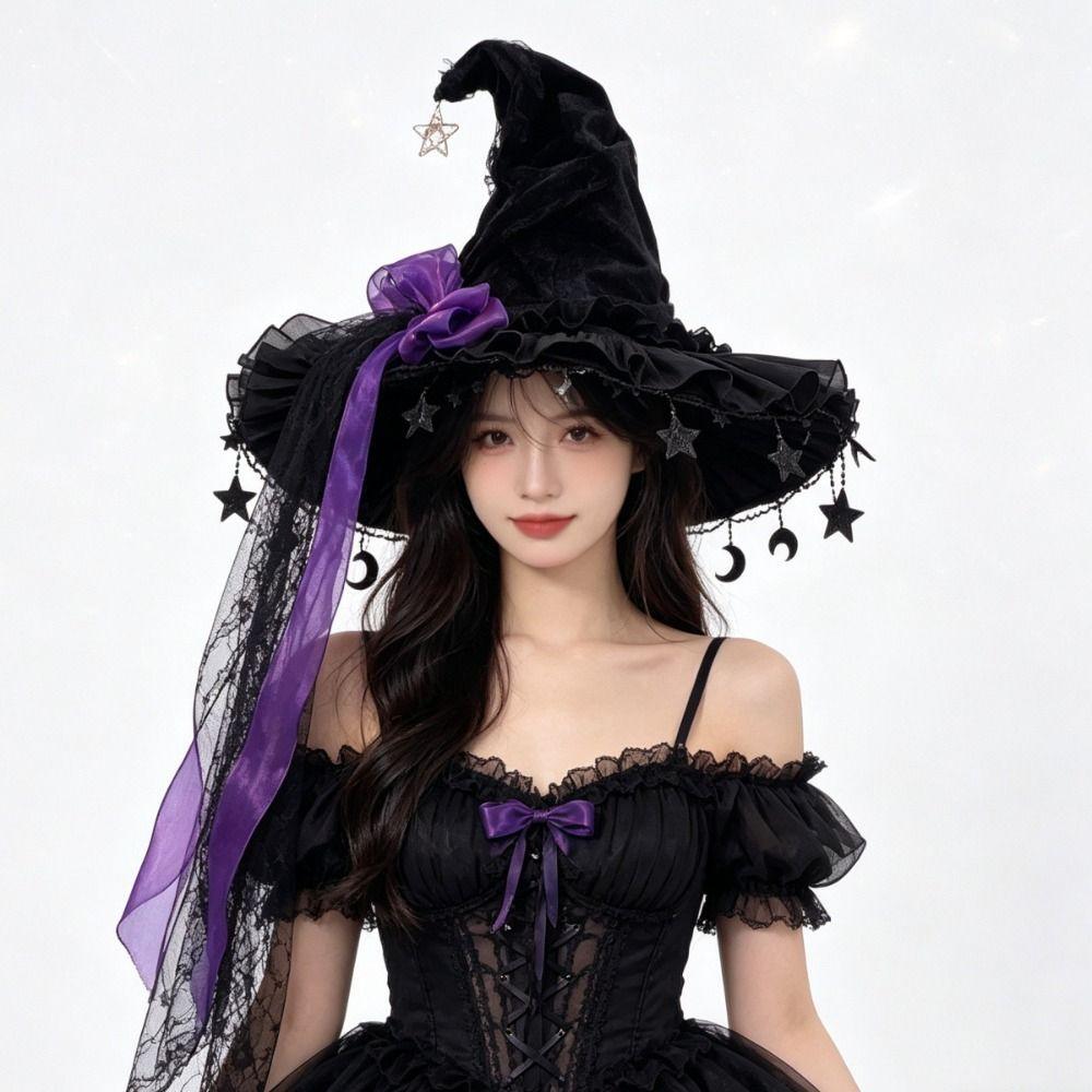 Bow Ribbon Lolita Witch Hat Star and Moon Pendant Wizard Cap Masquerade Cap  Cosplay Event