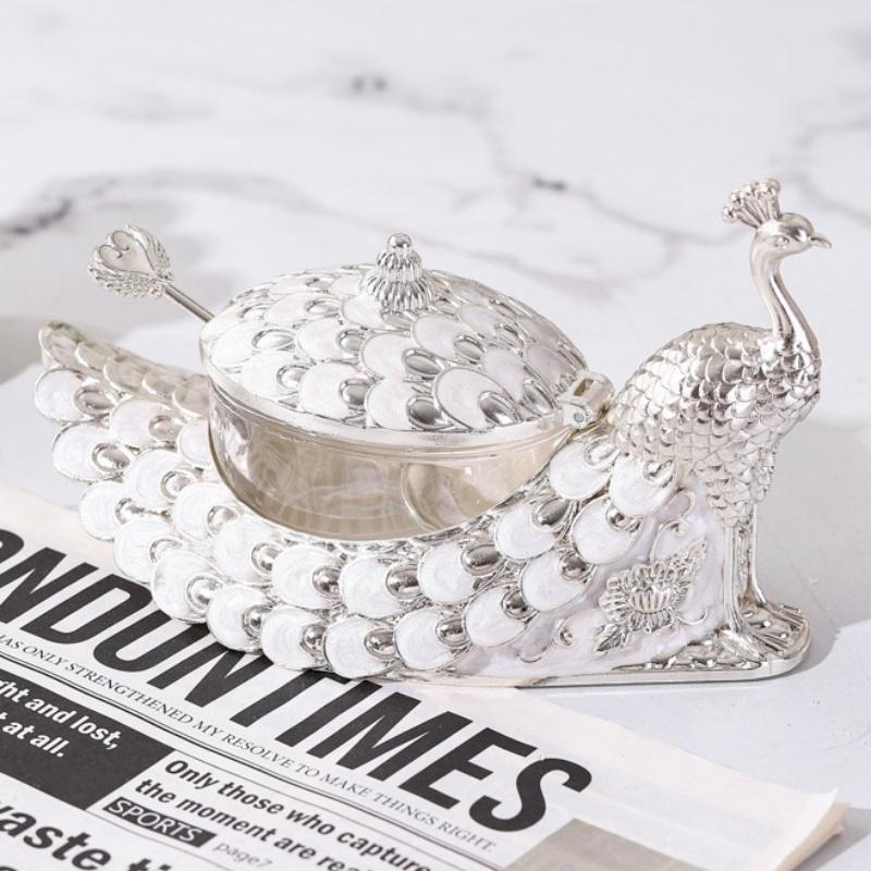 Sugar Bowl Seasoning Jar,Silver Peacock Shape Alloy With lid,Coffee Beans Container,Sugar and Dairy Storage Pots,Kitchen Tools