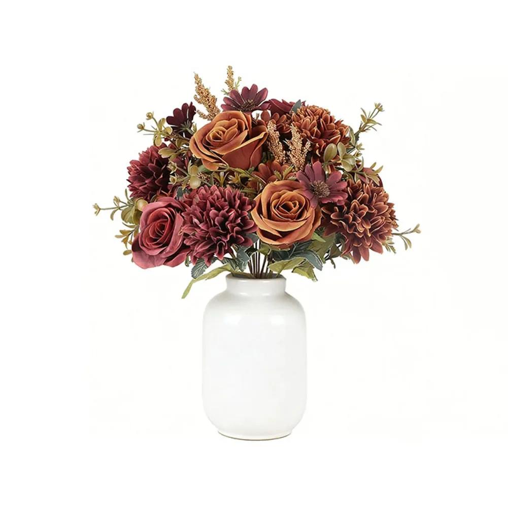 

Realistic Autumn Silk Flower Bouquets 2 Bunches Orange Roses Hydrangeas Faux Flowers for Seasonal Decor and Party