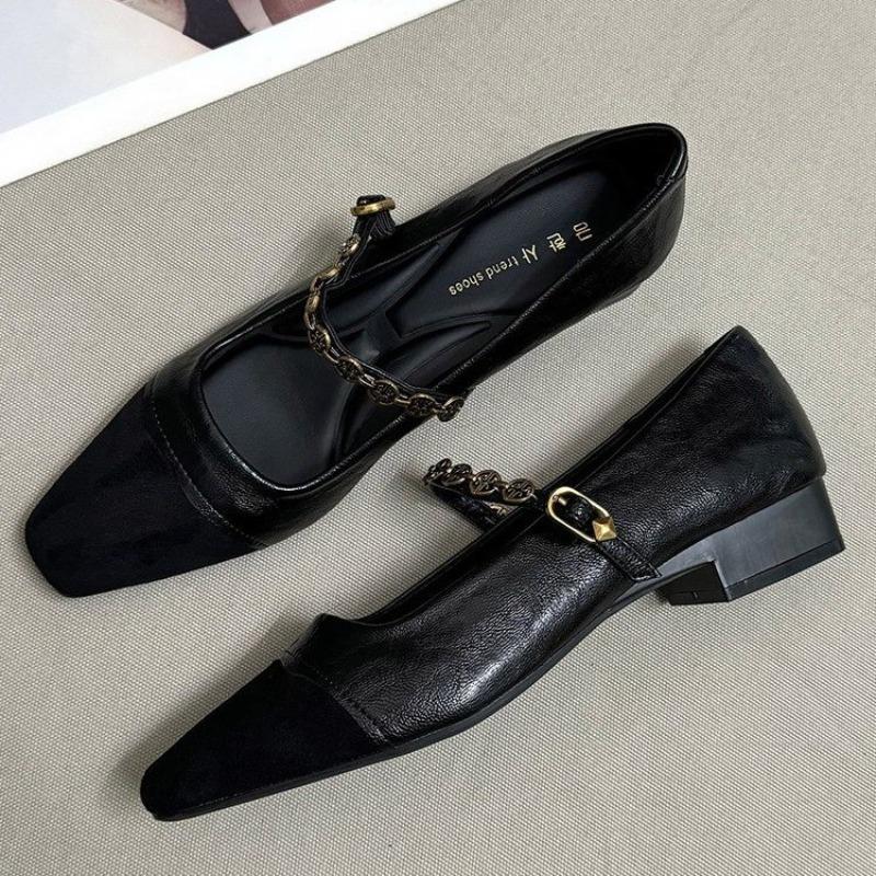 Women's Flat Shoes Spring New Square Head Shallow Mouth Suede Splicing Metal Chain Non-slip Single Shoes