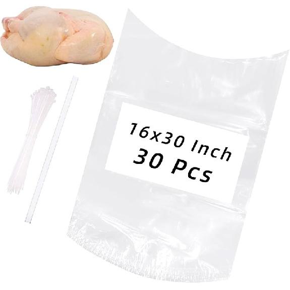 Large Turkey Shrink Bags,30 Pcs 16x30 Inches Clear Poultry Heat Shrink Bags Freezer with Zip Ties, Silicone Straw for Turkey,Chickens,Rabbits 30Pcs