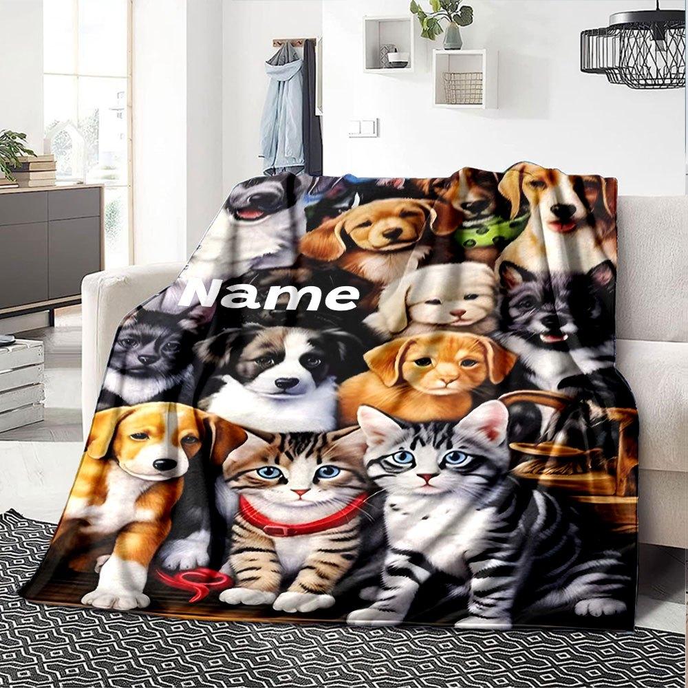 Adorable Puppies And Kittens Home Customize Your Name Blankets Soft Cozy Lightweight Quilt For Picnics Sofa Office Bed Living Room Perfect Gift For