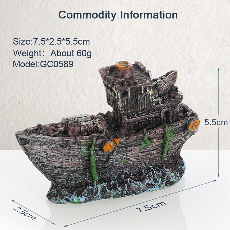 Fishing Boat Wreckag Retro Aquarium Fish Tank Landscape Wreck Ship Decoration Hollow Cave Mini Resin Boat Ornament Accessories