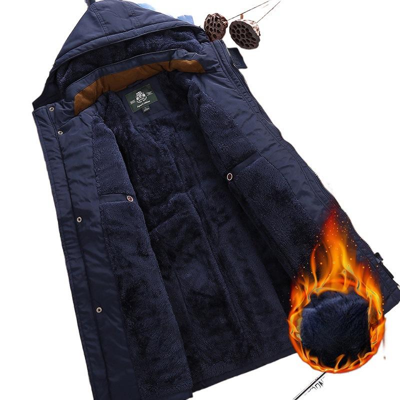 Winter Medium and Long Cotton-padded Jacket with Fleece Thermal Casual Jacket Men's Clothing