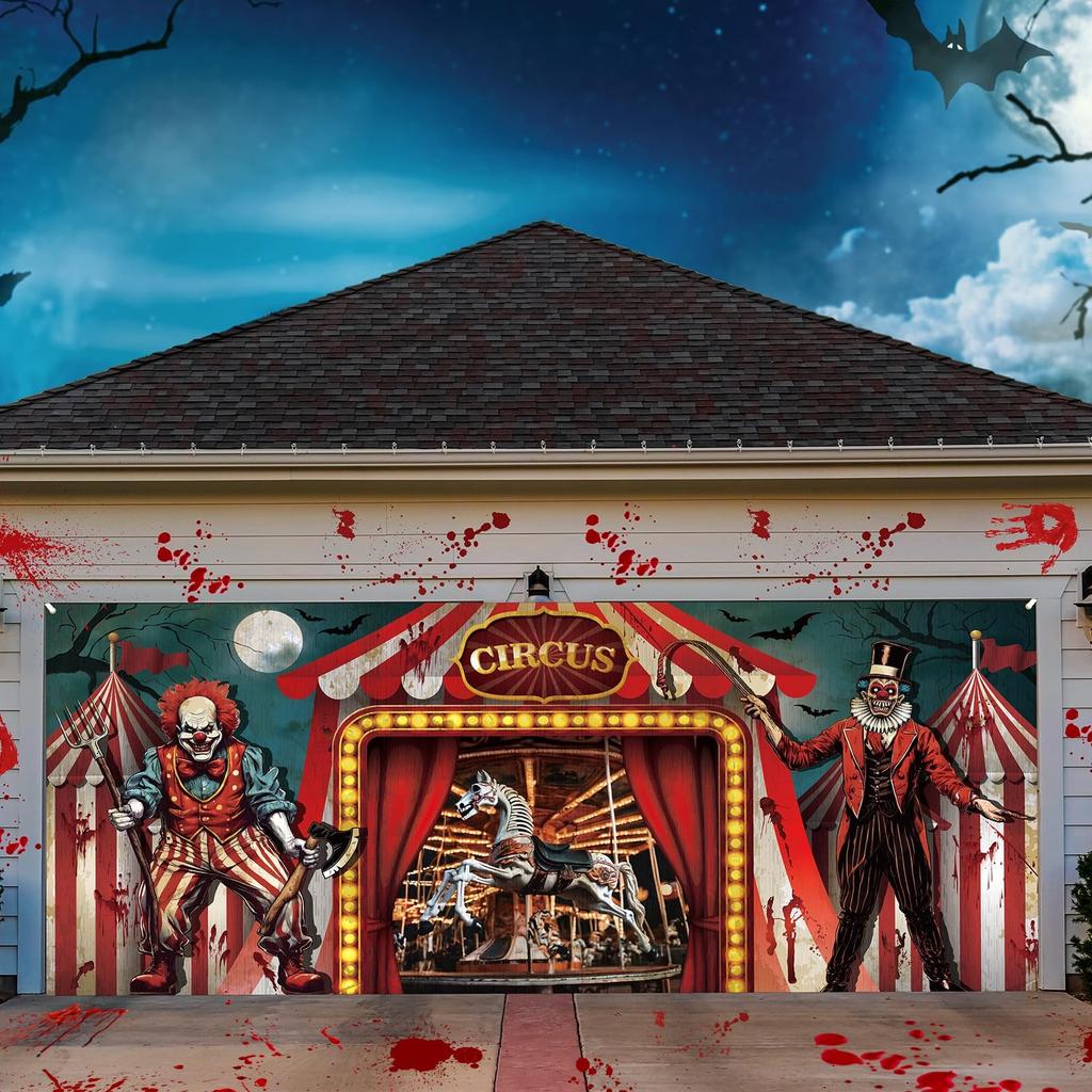 477. 7 x 16 ft Halloween Garage Door Cover Decor Creepy Carnival Banner