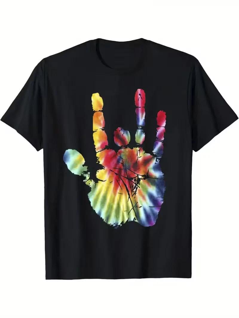 Tie-Dye Jerry Handprint T-Shirt - 100% Cotton, Round Neck, Short Sleeve, Casual XS