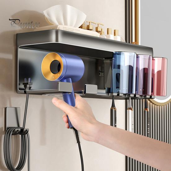 Hair Dryer Holder with Toothbrush Toothpaste Organizer Strong Load-bearing Easy To Install Wall Mount Blower Holder Shelf