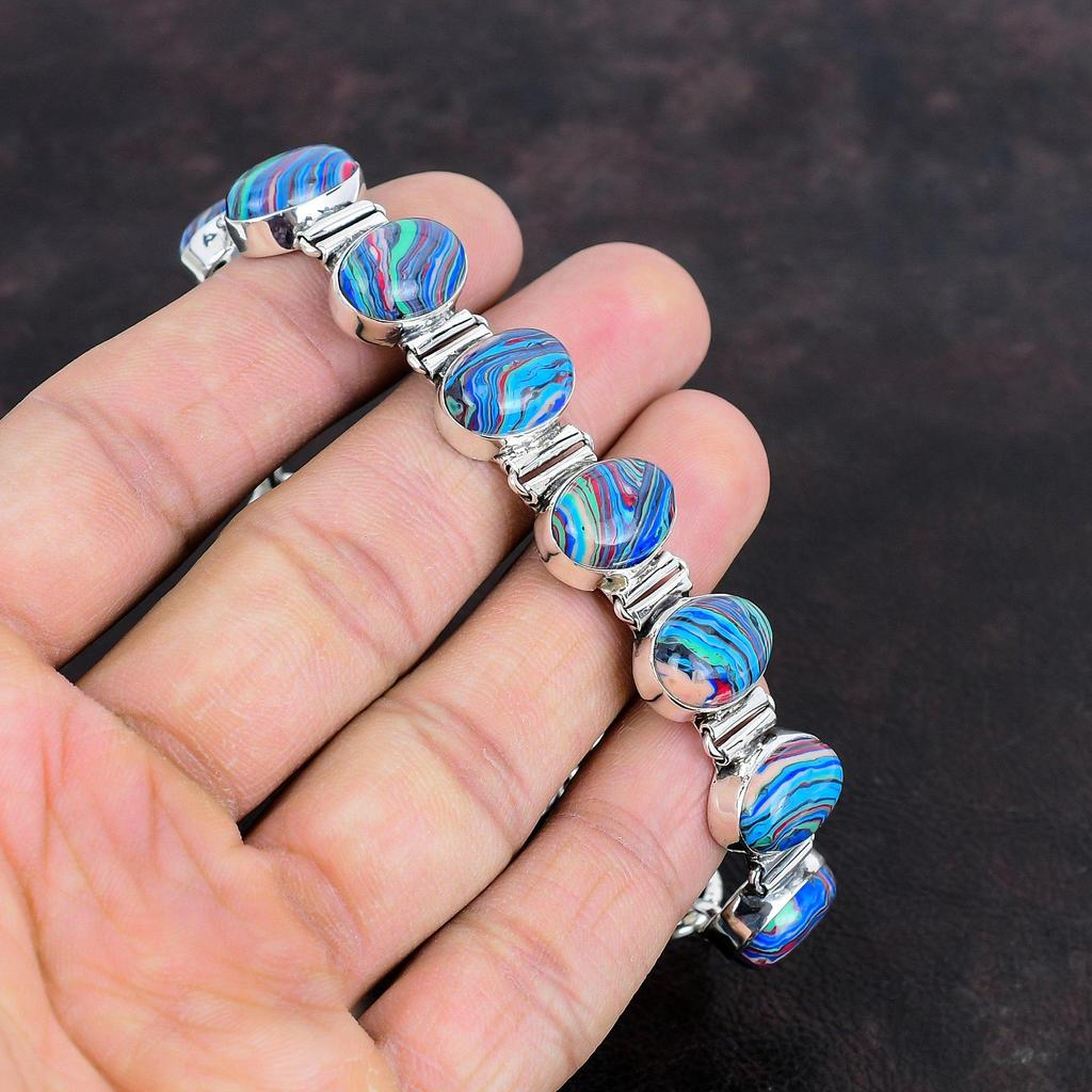 Rainbow Calsilica Bracelet 925 Sterling Silver Bracelet Handmade Bracelet Adjustable Chain Bracelet Gemstone Antique Jewelry Gifts For Him