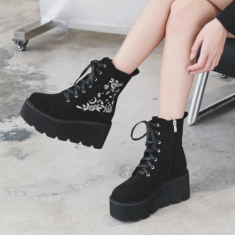 Fashion Fashion Flower Platform Boots Chunky Punk Suede Leather Womens Gothic Shoes Nightclub Lace Up platform shoes