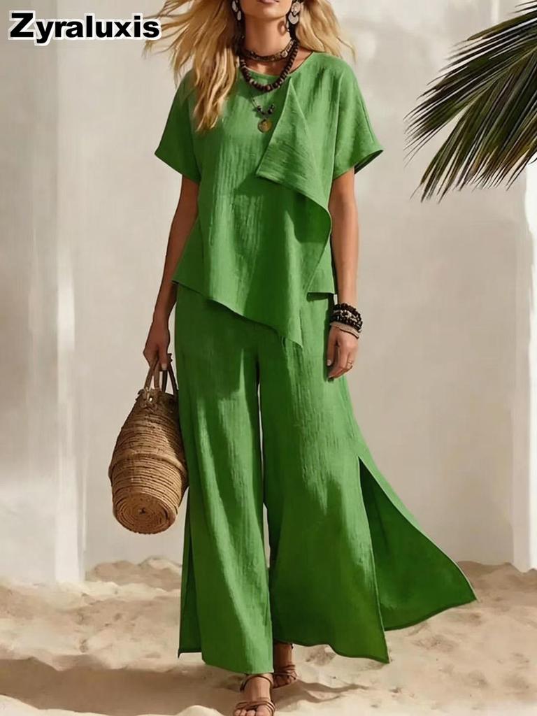 Women's Summer New Fashion Casual Irregular Short Sleeve Top with Wide Leg Pants