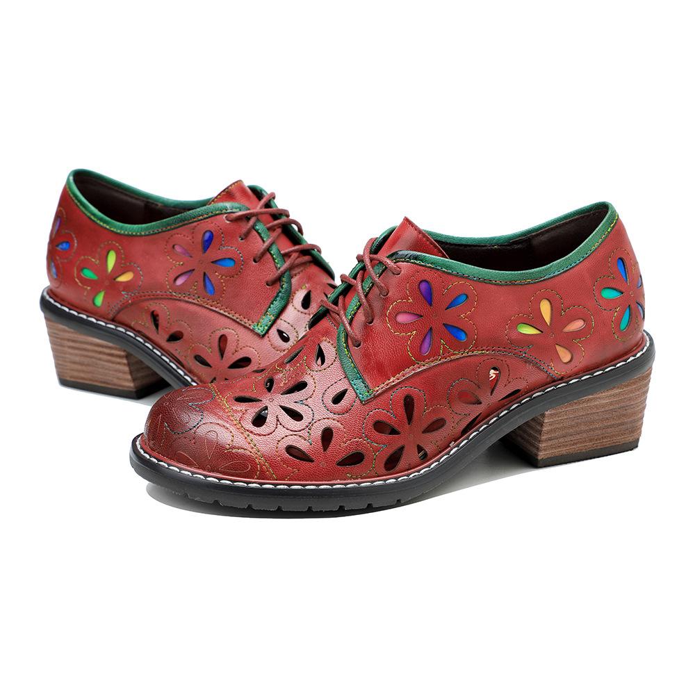 Johnature Genuine Leather Versatile Women Pumps Hand Brushed Vintage Contrast Hollow Out Thick Heels Shoes