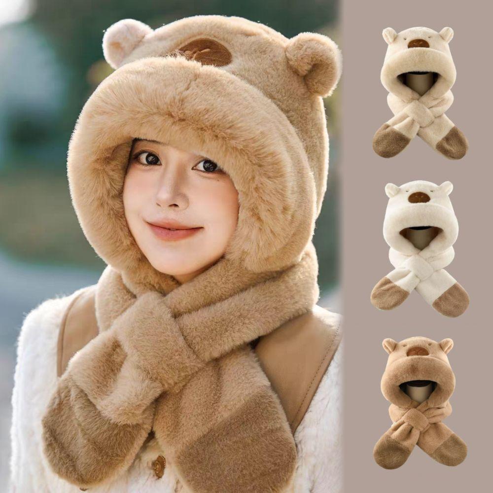 Soft Plush Capybara Hooded Scarf Set Cute Plush Hat Scarf Set Winter Integrated Cap Scarf  Outdoor