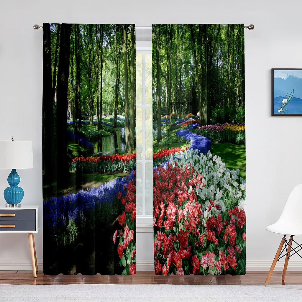 Garden Tulip Flower Field Trees Sheer Voile Curtains for Living Room Bedroom Balcony Party Decor Tulle Curtains Window Treatment