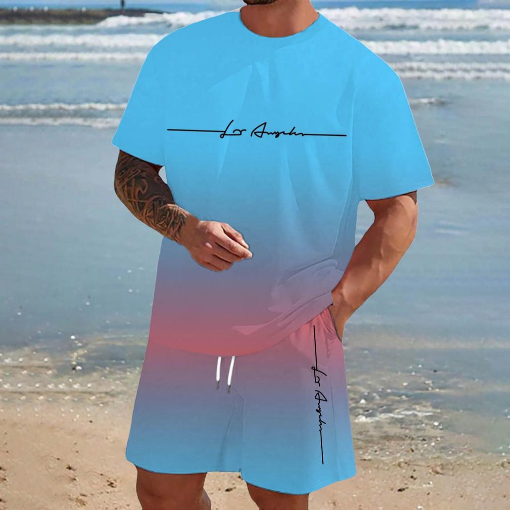 Men'S Solid Color Casual Round Neck Short Sleeved Shorts Two-Piece Set