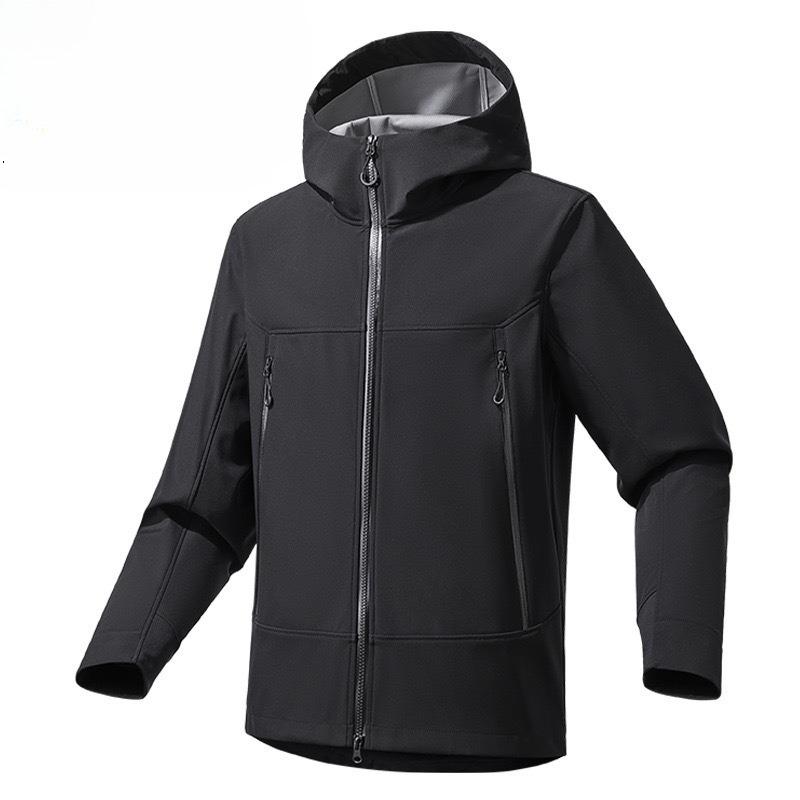 Men's Outdoor Windproof and Waterproof Large Pocket Hooded Plus Velvet Soft Shell Jacket Autumn and Winter Mountaineering Suit