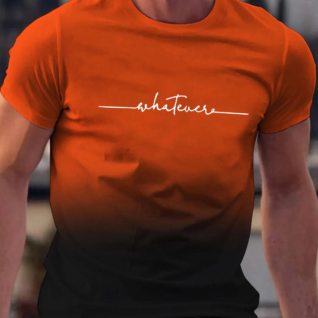 Summer Outing Whatever Print Gradient Crew Neck T-shirt For Men Trendy Casual Short Sleeve Top Men's Tee Ropa De Hombre