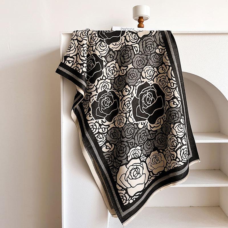 Imitation Cashmere Scarf Women'S Camellia Versatile Scarf Long Thickened Warm Shawl Live Broadcast