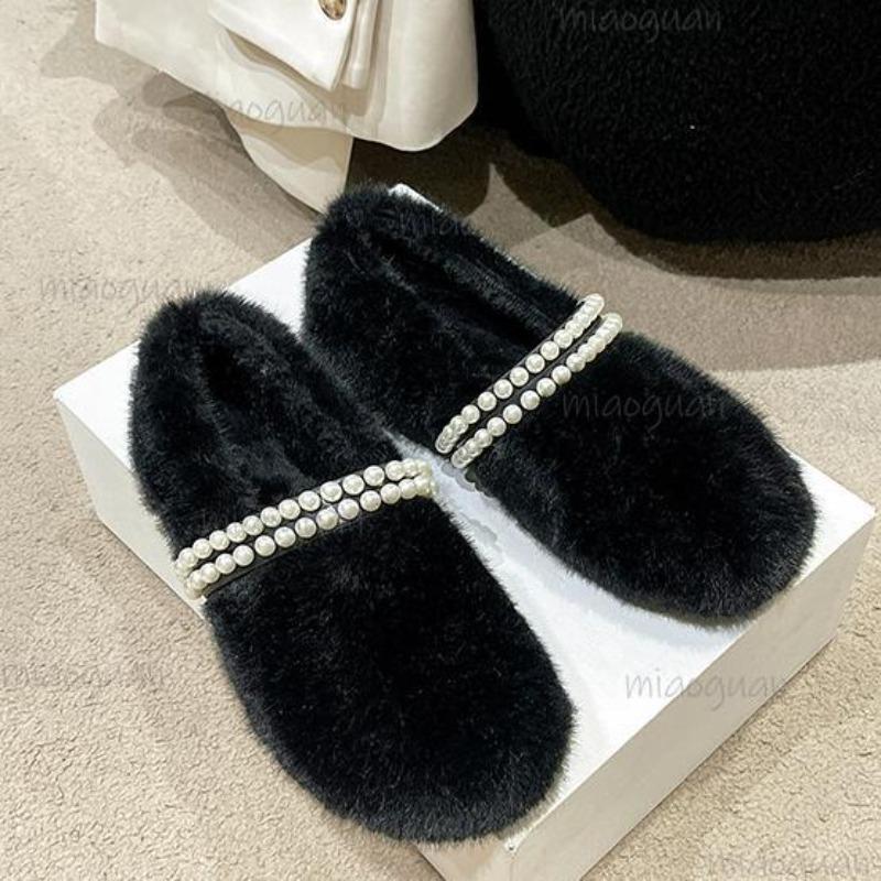 Runde Spitze Damen Mode Fell Ballerinas Flach zum Hineinschlüpfen Damen Bequem Warm Plüsch Loafer Doppelte Perlenriemen Lässig Mokassin