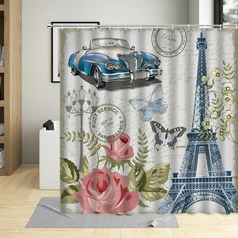 Retro Paris Tower Flower Oil Painting Shower Curtain Elegant Fabric Waterproof Bathroom Decor Screens Bath Curtains With 12 Hook