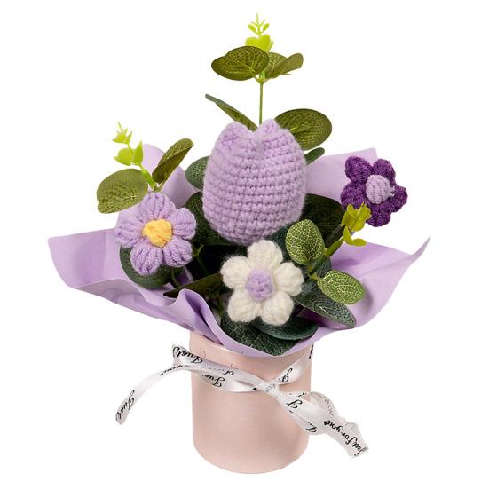 Crochet Flower Bouquet Handmade Artificial Knitted Bouquet Fake Sunflower Carnation Tulip Puff Flowers Gifts for Mother Wife On Birthday Anniversary