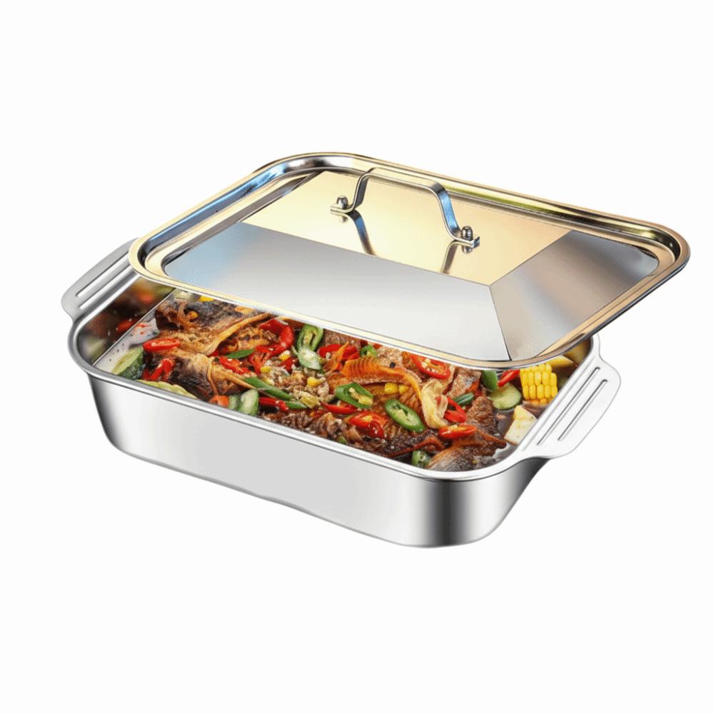 with Lid Grilled Fish Platter Non Stick Outdoor BBQ Grill Pan Durable Food Serving Pan Oven Safe
