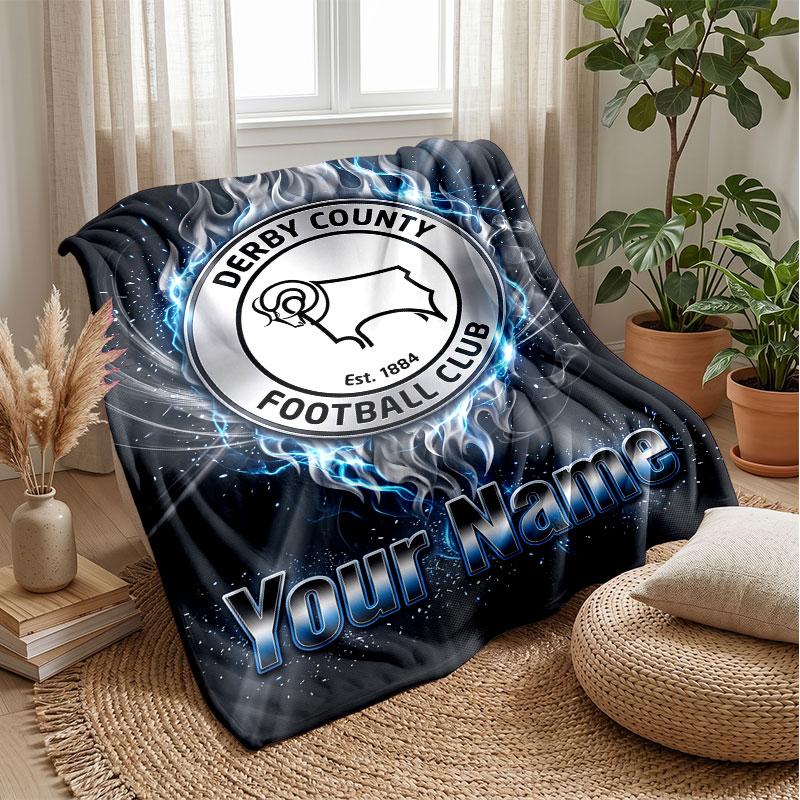 Derby County Benutzerdefinierter Name Text Flanelldecke Fußball Logo Personalisierte Fleece-Kuscheldecke Besonderes Geschenk für Sofa Schlafzimmer Zuhause