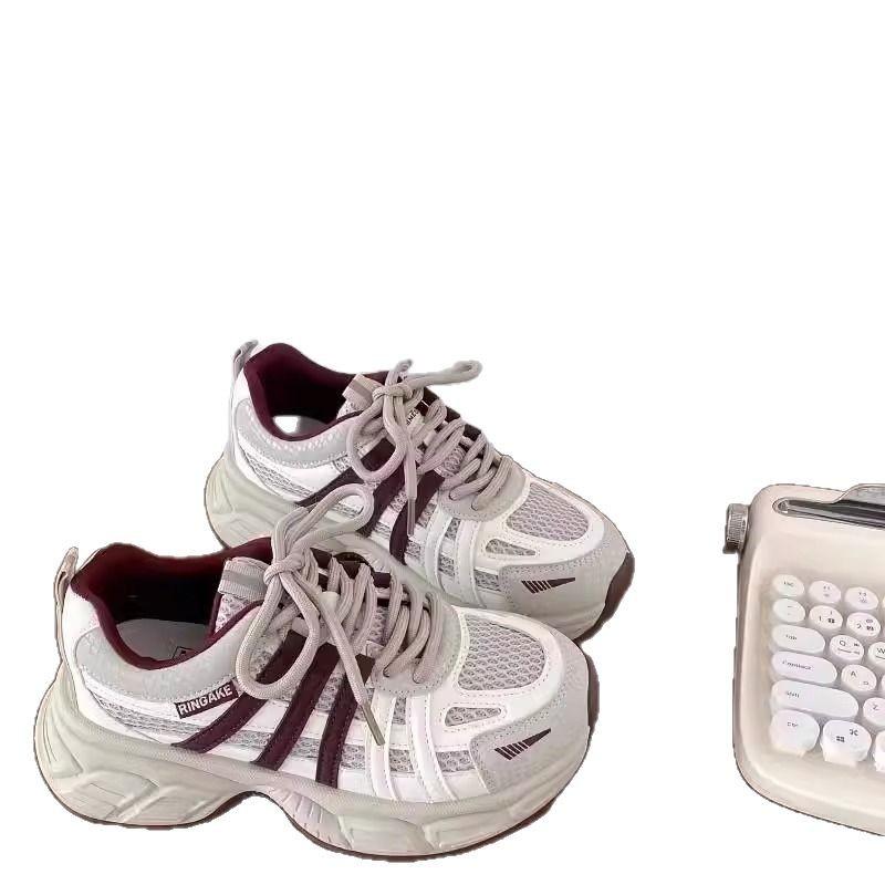 2025 spring new popular thick-soled heightened mesh dad shoes women's color matching lace-up versatile sports and leisure shoes