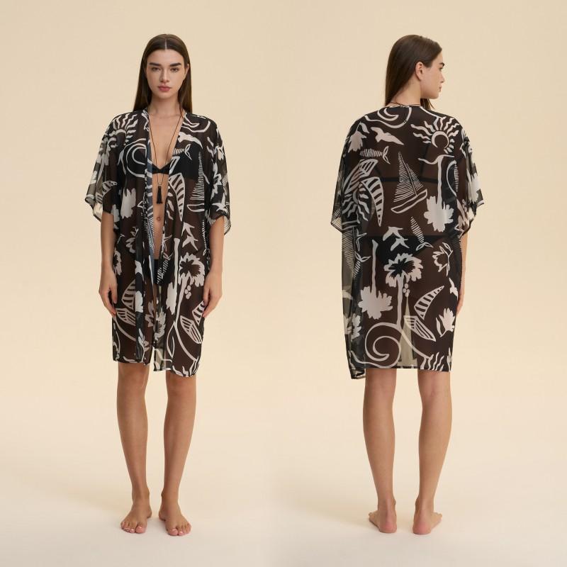 Womens Beach Cover Up Pearl Chiffon Printed Short Robe Sleepwear Loungewear ZP3939