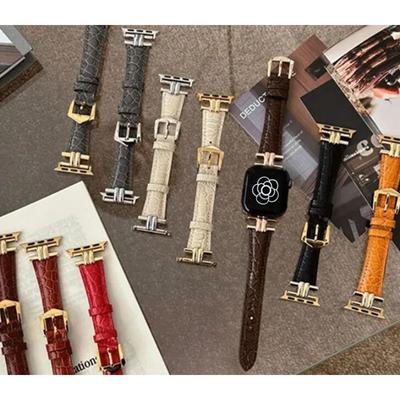 Luxuriöses Echtlederarmband aus goldenem Metall für die IWatch-Serie 8 7 6 5 4 3 SE, schmales Damenarmband für die Apple Watch 41 mm 40 mm 38 mm 45 42 44 49