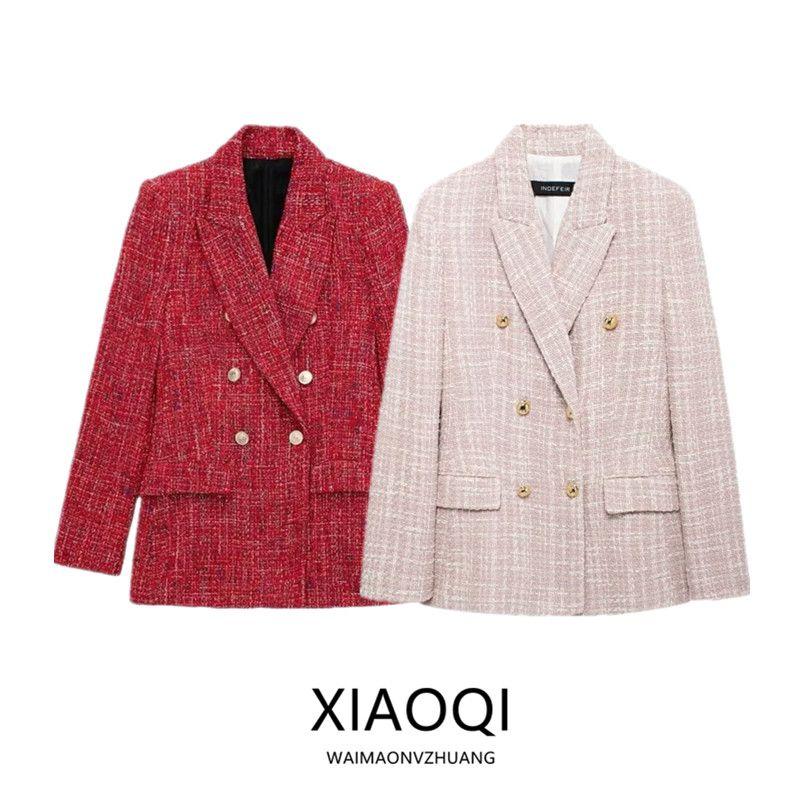 Western Style 2024 Autumn and Winter New Women Texture Double Breasted Long Sleeve Lapel Blazer Outerwear 9192156