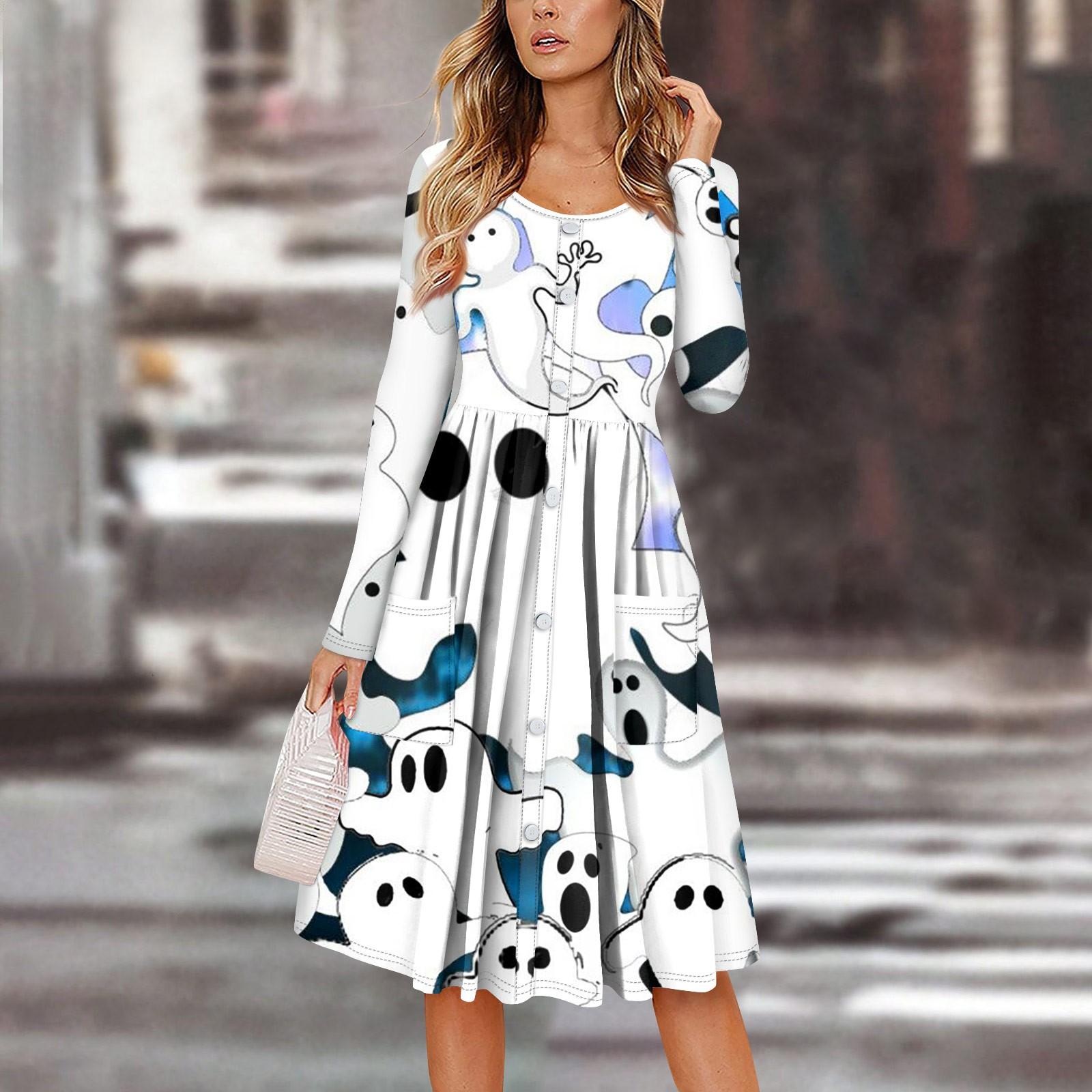 

Женский повседневный модный сексуальный удобный сарафан с пуговицами, длинными рукавами и карманами, платье с принтом на Хэллоуин XXL белый