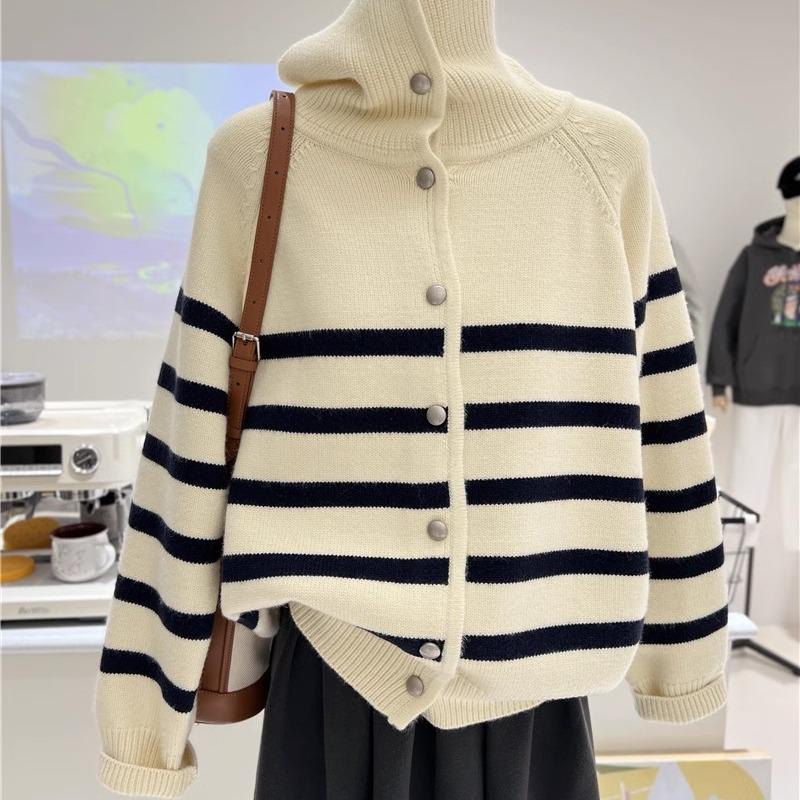 

Women s Korean Striped Knit Cardigan: Soft, Loose, Color Block Lapel Sweater for Autumn & Winter One Size грязно-белый
