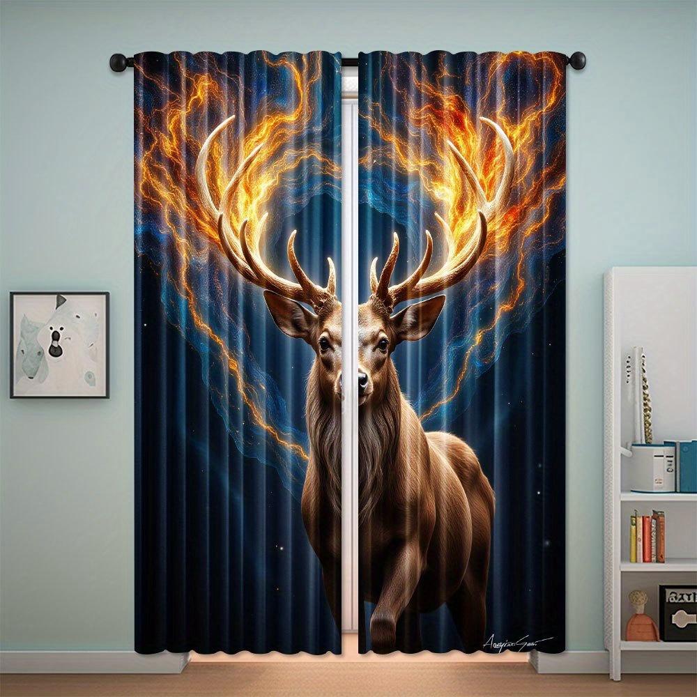 2pcs   Abstract Deer Galaxy Artistic Painting Design Polyester Curtains   HD Digital Print   Light Filtering Drapes for Bedroom   Li