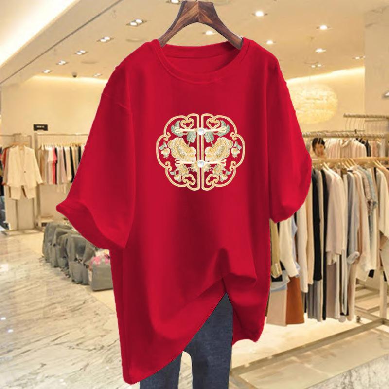 100Kg fat MM large size new Chinese style printed short-sleeved T-shirt women's summer new medium and long pure cotton top tide
