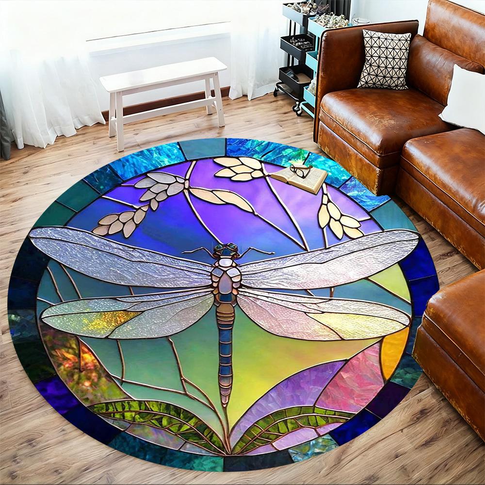 1pc Dragonfly Stained Glass Round Chair mat office Area Rug - Non-Slip, Floor Mat for Office, Bedroom, Ideal home decor gift c0112035