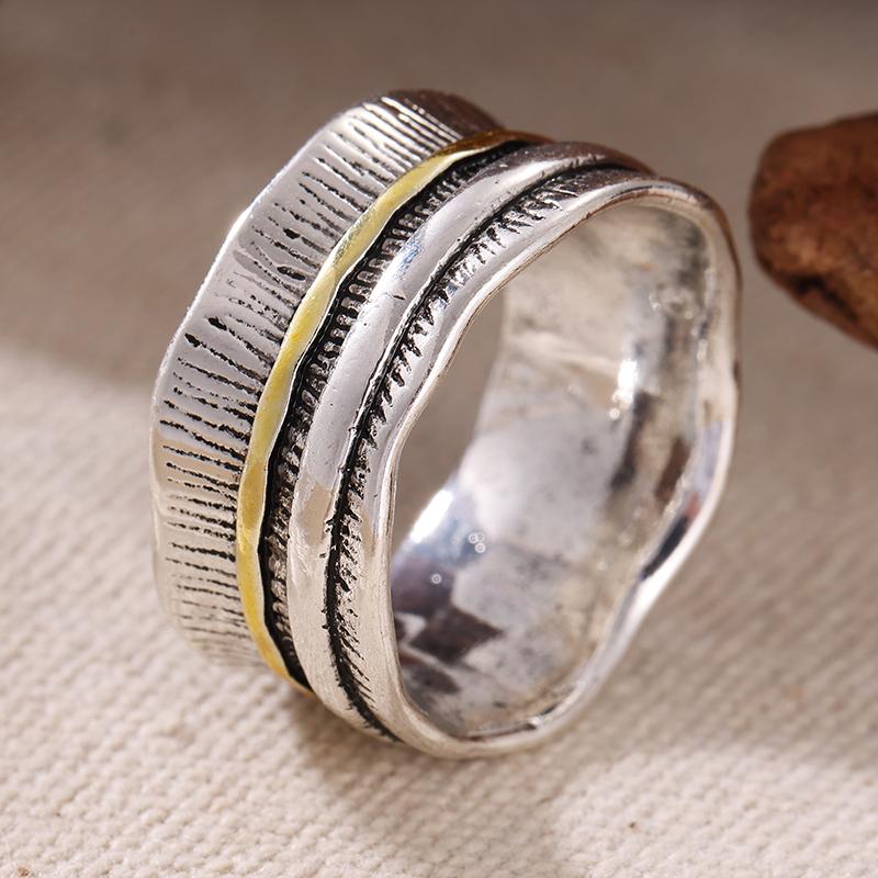 Ethnic Hand Carved Wide Women's Ring Two Color Metal Geometry Daily Wear Party Jewelry Anniversary Gift