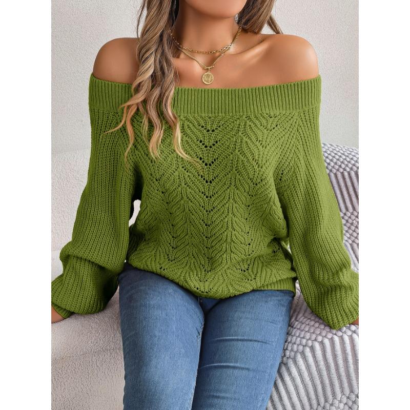 Fashion Off-the-shoulder Pullover Hollow Out Women Sweater Autumn Casual Knitted Tops Long Sleeve Loose Casual Solid Color One-word Collar Sweaters