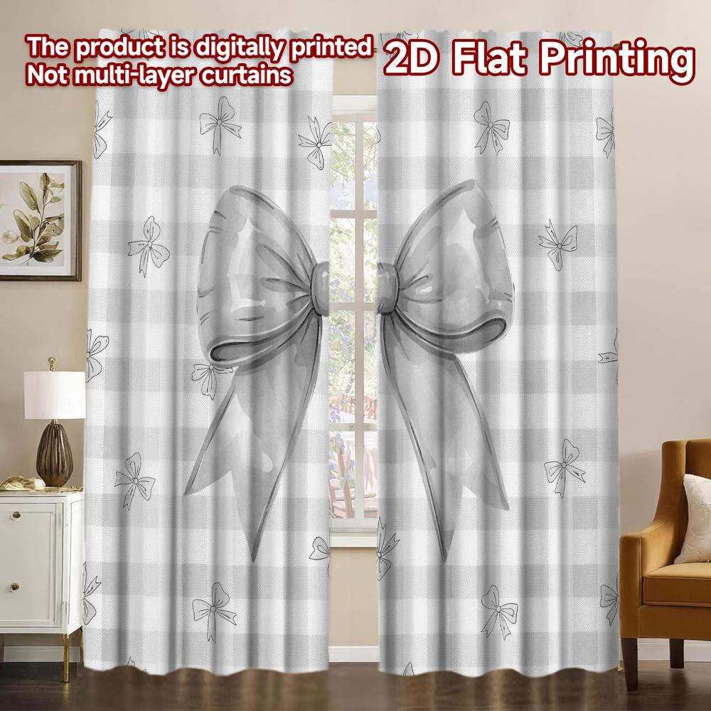 2D FLAT PRINTING 2pcs Curtains (Without Rod) Gingham Bows Design Modern Curtains&Window Treatment Versatile Fabric Curtains Gift