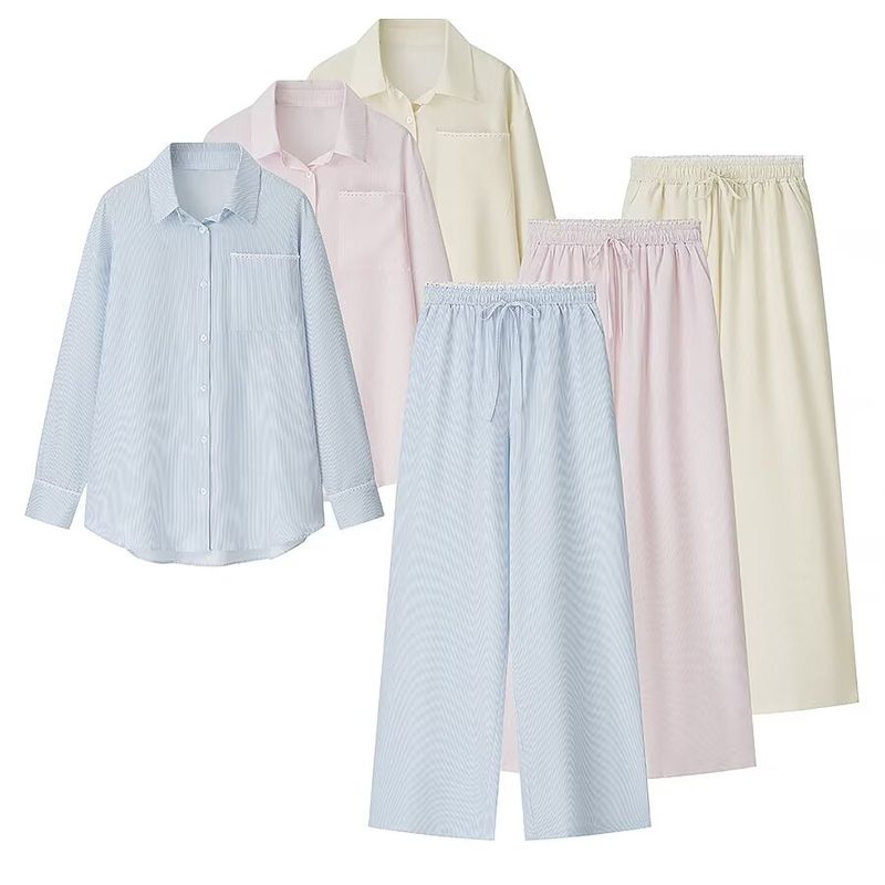 Kaslead New Women clothes Western Style Fashion Multicolor Stripe Shirts Top Casual Trousers Set