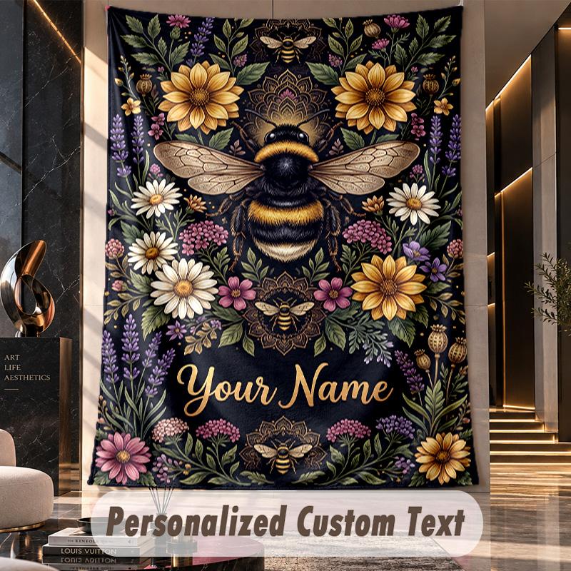 Bee Artwork Theme Wall Tapestry Customized With Name Text Personalized Hanging Tapestry For Bedroom Living Room Decor