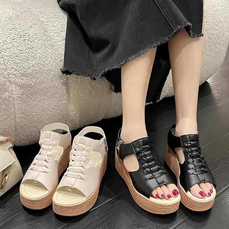 New Women's Slope Heel Summer Shoes Leather Zip Gladiator Sandals woman Medium Heel Zip Platform Sandals women High Heels