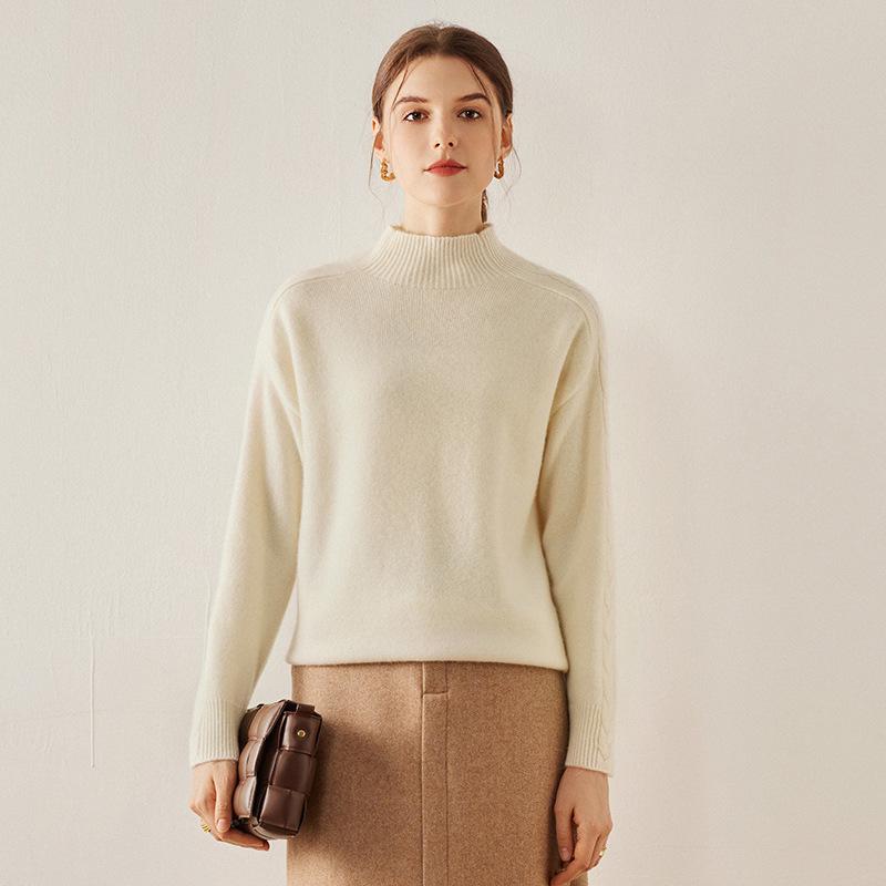 Women's Cable Knit Cashmere Sweater - Long Sleeve, Half-High Neck, Saddle Shoulder, Loose Fit, Solid Color, Autumn/Winter Pullover.