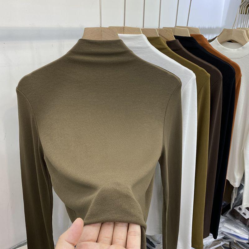 Women's Elastic Slim-Fit Long-Sleeve Half-High Collar Fleece T-Shirt - Soft, Skin-Friendly, 2022 Autumn/Winter Collection
